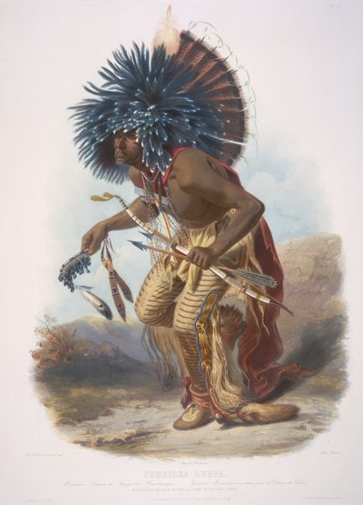 Moennitarri-Krieger im Kostüm des Hundetanzes. Pehriska-Ruhpa von Karl Bodmer